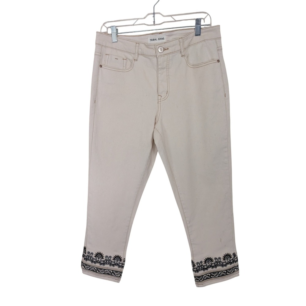 Tribal Jeans Womens 10 Cream Embroidered Hem Cropped Straight‎ Leg Pants Boho